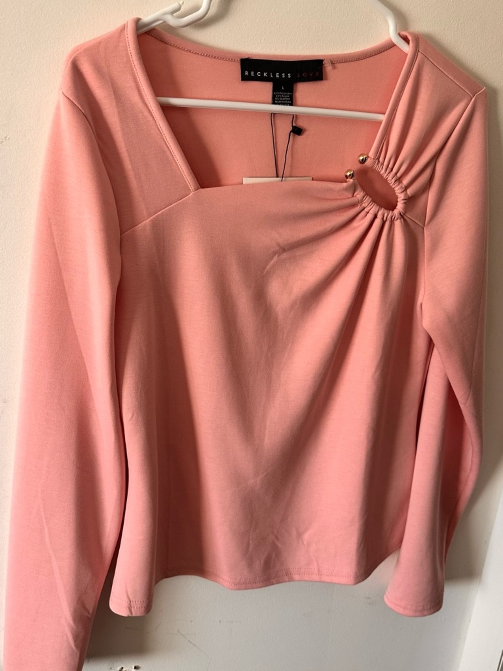 Love By Design Peach-Pink Long Sleeve Square Neck Top with Ring Accent